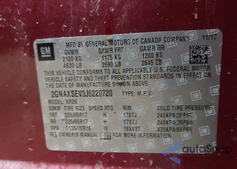 2018 Chevrolet Equinox Lt z USA, uszkodzony, nr VIN 2GNAXSEV3J6220720